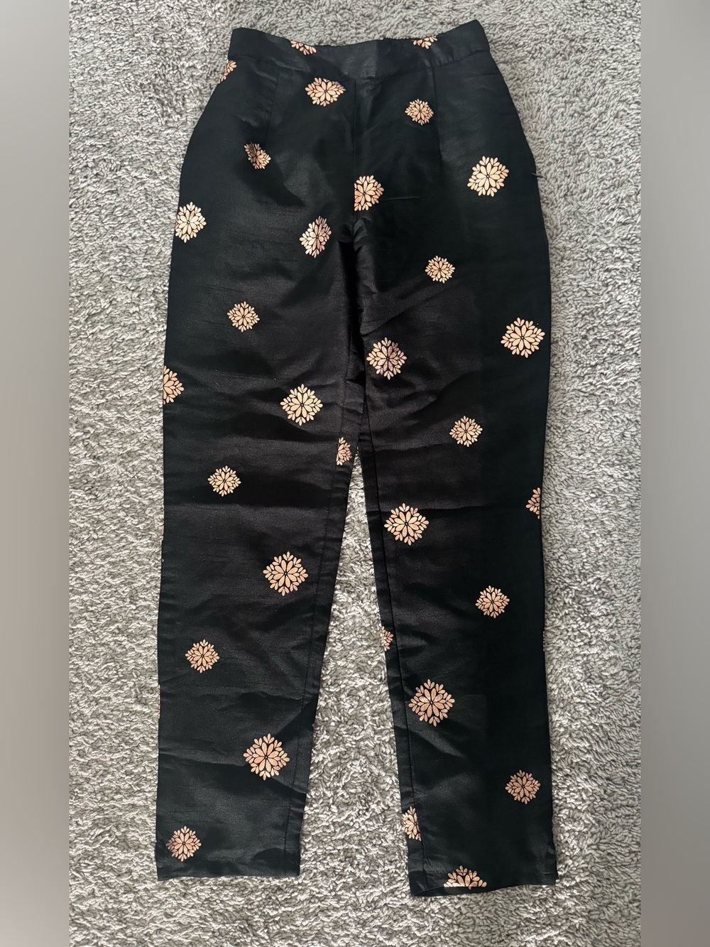 Black Casual Pants with Gold Floral Medallions
